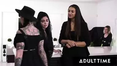 ADULT TIME - Kira Noir Uses Bella Rolland For FREE USE SEX At Roommate's PUBLIC Wake! FULL SCENE