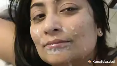 Horny slut gets facialized with her lover’s cumload